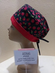 Roses Red Tiny Valentines Pixie Skull Women's Surgical Scrub Hat/Cap Handmade - Picture 1 of 9