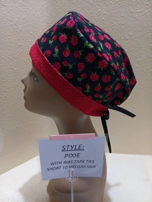 Roses Red Tiny Valentines Pixie Skull Women's Surgical Scrub Hat/Cap Handmade - Image 1 of 4