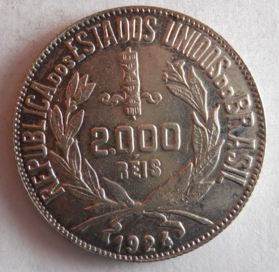 1924 BRAZIL 2000 REIS - AU/UNC - Excellent Uncommon Silver Coin - Lot #N28 - Image 1 of 2