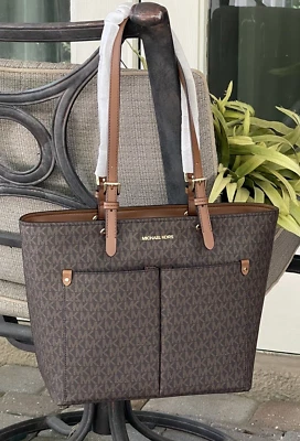 MICHAEL KORS JET SET MEDIUM DOUBLE POCKET TOTE SHOULDER BAG PURSE MK BROWN LOGO - Image 1 of 4