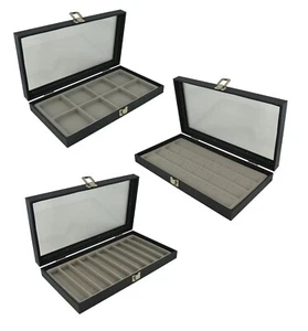 Large Black Display Tray Case with Glass Lid & Choice of Grey Insert (83-1C) - Picture 1 of 13