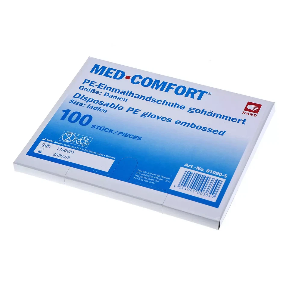 Med-Comfort PE-Einmal Einweg Handschuhe Handschuh 100 Stück gehämmert Größe S L