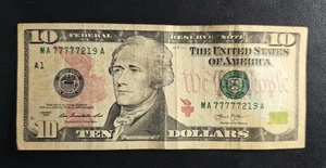 Lucky 7s, 5 in a Row $10 Bill Fancy Serial Number - Picture 1 of 3