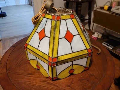 Vintage Stained Glass Hanging Ceiling Slag Light Lamp Shade Tiffany 11"H 14"wide - Image 1 of 4