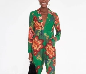 Farm Rio Boboikat Jumpsuit XS V- Neckline Green Floral NWT - Picture 1 of 9