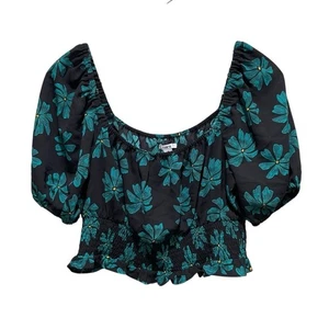 Bar III Puffärmel Blumenmuster schwarz grün bauchfreies Oberteil Damen Größe Medium gesmokter Saum - Bild 1 von 6