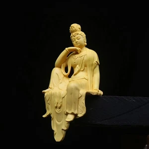 Chinese 100% Boxwood Wood Hand Carved Guanyin Kwan-yin buddha Statue table deco - Picture 1 of 8