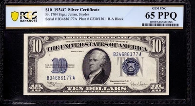 1934 C $10 SILVER CERTIFICATE NOTE FR.1704 BA BLOCK PCGS B GEM UNC 65 PPQ - Image 1 of 4