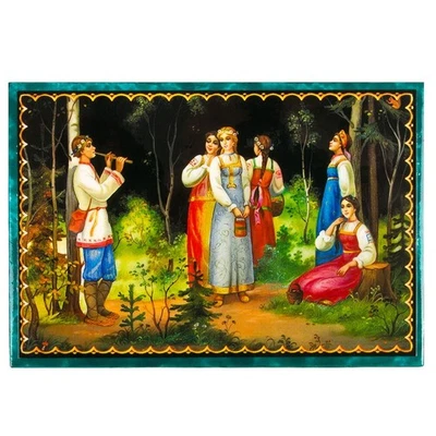 Russian Motif Lacquered Jewelry Box Trinket Box Malachite Style Keepsake Box 4x6 - Image 1 of 4