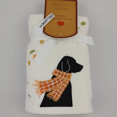 Juego 2 Toallas de Mano Bordadas Labrador Negro En Bufanda Hojas Laboratorio Perro Blanco Otoño Foto 1 de 4