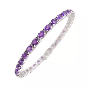 Natural Oval Cut Purple Amethyst Gemstone Sterling Silver Tennis Bracelet 7" - Picture 1 of 5