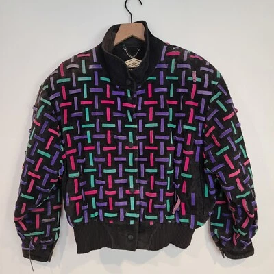Vintage DINO'Z Leather Black Suede Jacket Bomber Turquoise Purple Pink Women S - Image 1 of 4