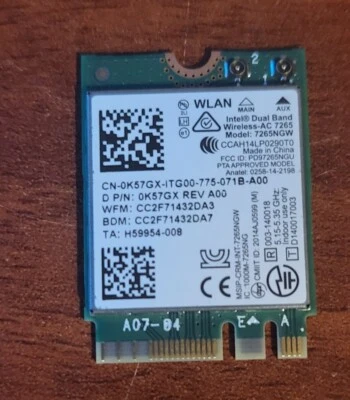 INTEL 7265NGW DUAL BAND WIRELESS-AC 7265 PCI-E M.2 WLAN BT 4.2 WIFI CARD 0K57GX - Image 1 of 2