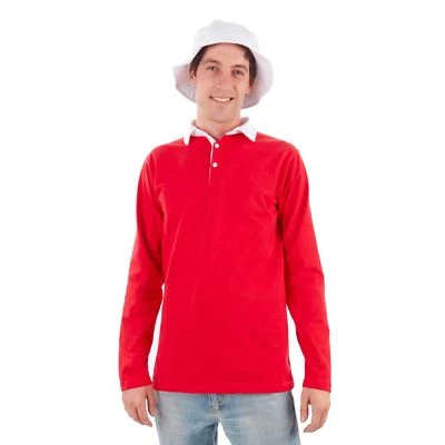 Para Hombres Island Náufrago Gilligan Rojo Rugby Polo Camisa Larga Blanco Sombrero Cubo Disfraz Foto 1 de 4