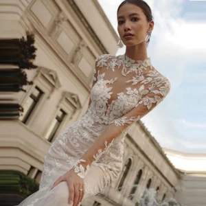 High Neck Mermaid Wedding Dresses Full Sleeve Buttons Back Appliques Bridal Gown - Picture 1 of 8