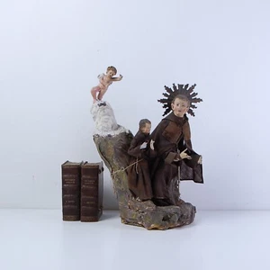 Statue of Saint Brother with Angel 54 cm Ancient Devotional Religious Art - Picture 1 of 13
