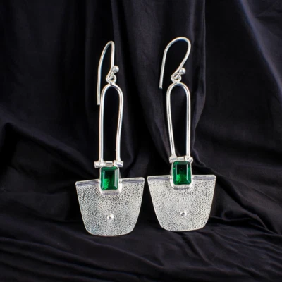 Lab Created Emerald Gemstone 925 Sterling Silver Earring Handmade jewelry Gift - Image 1 of 3