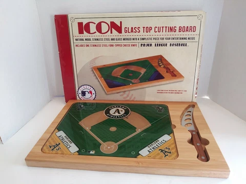 Oakland A's ICON Glass Top Cutting Board Wood Set w/ Cheese Knife MLB Tailgating Cover