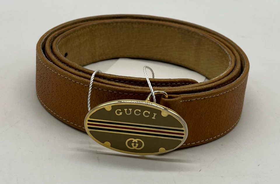 Cinturón con hebilla a rayas con logotipo GG de cuero marrón para mujer talla 110/40 Foto 1 de 4