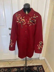 Vtg Victor Costa Occasion Embroidered Lagenlook Red Floral Coat Blazer Jacket L - Picture 1 of 14