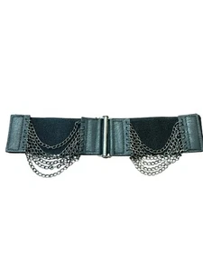 Gothic Black Elastic Waist Belt With Chains Metal Clasp Closure Cinch Waist NWT - Picture 1 of 5