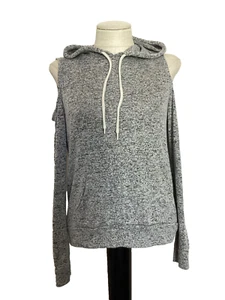 AMBIENCE Gray Long Sleeve Cold Shoulder Hacci Knit Hooded Sweater Top Sz S - Picture 1 of 8