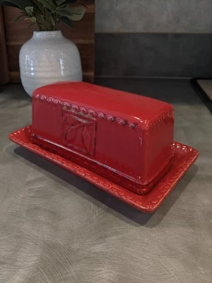 Signature Sorrento Debby Segura Butter Dish Burgundy Dark Red  LOOKS NEW!  - Image 1 of 4