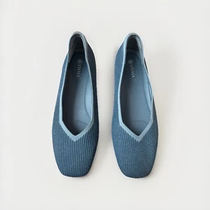Vivaia Women EUR 41.5 US 10 Margot 2.0 Ribbed Ballet Flats Blue Square Toe V-Cut - Picture 1 of 8