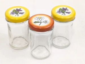 Lot of 3 Ball Mini 3" Glass Jelly Jars Floral Metal Flower Lid Vintage 508-2 Set - Picture 1 of 20