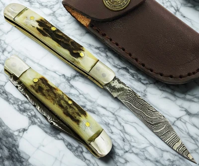 Cuchillo de bolsillo plegable mini trampero de acero Damasco forjado a mano manipulador de ciervo/cuerna Foto 1 de 4