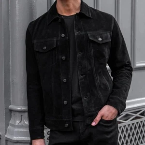 Men's Black Suede Leather Trucker  Jacket Classic Size S M L XL XXL Custom - 123 - Picture 1 of 15