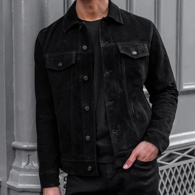 Men's Black Suede Leather Trucker  Jacket Classic Size S M L XL XXL Custom - 123 - Image 1 of 4