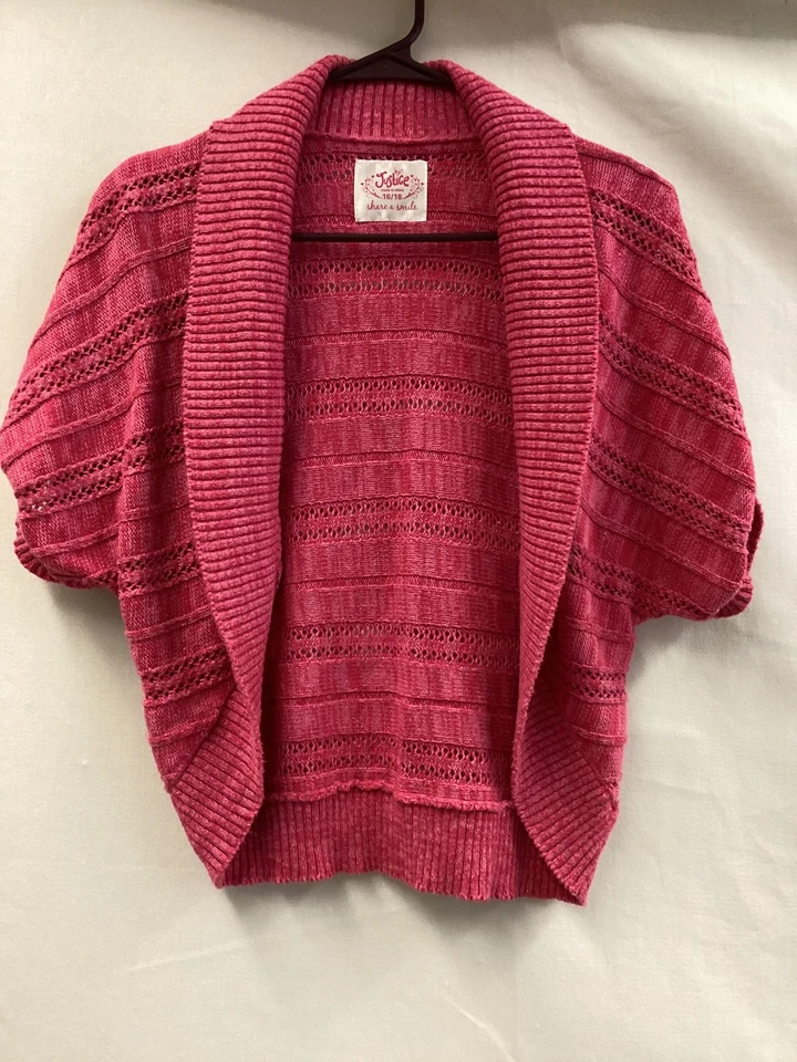 Justice Sweater Girls 16/18 Pink Open Front Short Sleeve Knit Cardigan Shimmer - Image 1 of 4