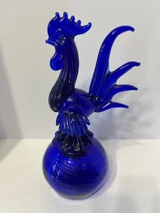 Vintage Large Round Cobalt Blue Glass Bowl With Hand Blown Rooster Lid 16 in - Picture 1 of 11