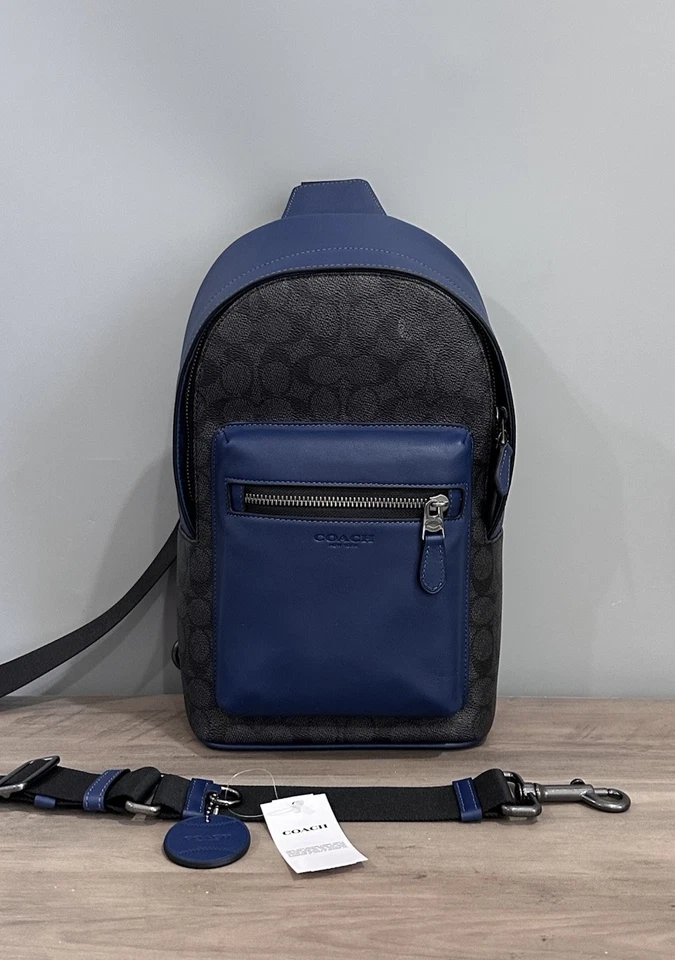 COACH CAX45 West Pack Colorblock Signature lona y cuero carbón/azul profundo Foto 1 de 4