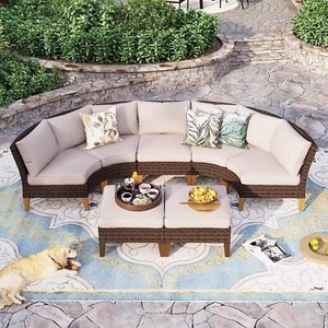 Outdoor Patio Furniture Sets Half-Moon Curved Sectional Sofa Rattan Wicker Set - Picture 1 of 9