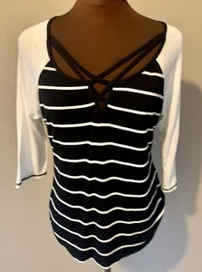 BKE Womens Pullover Top M Black White Stripe Cutout Strappy Front 3/4 Sleeve - Picture 1 of 6