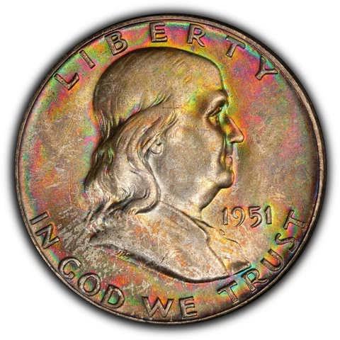 1951 Franklin Half Dollar PCGS MS64 - Lovely Obverse Rainbow Toning Cover