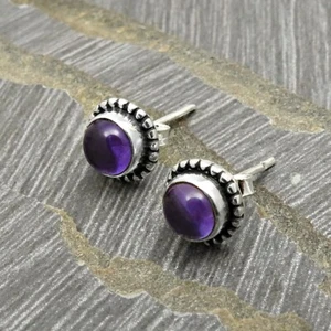 Natural Amethyst Gemstone Stud Earrings 925 Sterling Silver Woman Gift Jewelry - Picture 1 of 8