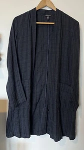 Eileen Fisher Navy Textured Striped Open Front Long Two Pocket Cardigan Size XXS - Picture 1 of 8