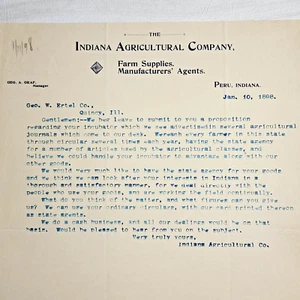1898 Peru Indiana Agricultural Co. Farm Supplies Agents Letterhead - Picture 1 of 2