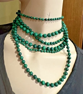 Vintage Green Malachite Color Glass Bead Multi Strand Knotted Choker Necklace - Picture 1 of 9