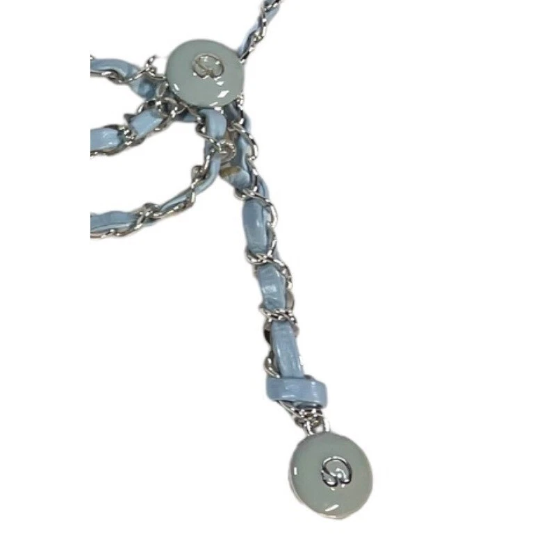 Vintage St John Enamel Baby Blue Leather 39" Chain Belt Triple Strand Logo Charm - Image 1 of 4