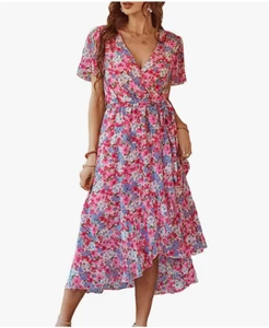 Boho Dress Wrap V Neck Short Sleeve Belted Ruffle Hem Maxi Dress XL Floral - Picture 1 of 4