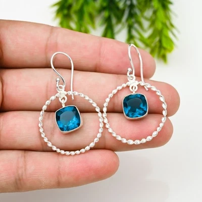 Blue Apatite Gemstone 925 Sterling Silver Earring Handmade Jewelry Earring Gift - Image 1 of 4