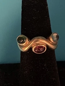 14K Solid Yellow Gold And 3 Tourmaline Stoned,size 6.25 - Picture 1 of 6
