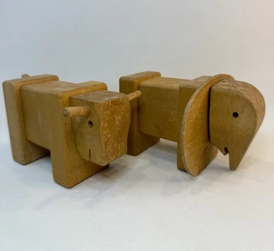 Set Of 2 Vintage German Handmade Wooden Movable Puzzle Toys: Bull & Elephant - Image 1 of 4