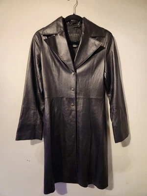 Vintage Guess Women's Long Smooth Leather Trench Coat Black Size Medium - Image 1 of 4