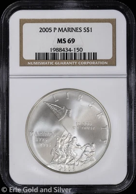 2005-P $1 US Marines Commem Silver Dollar NGC MS 69 | Uncirculated UNC BU - Image 1 of 4