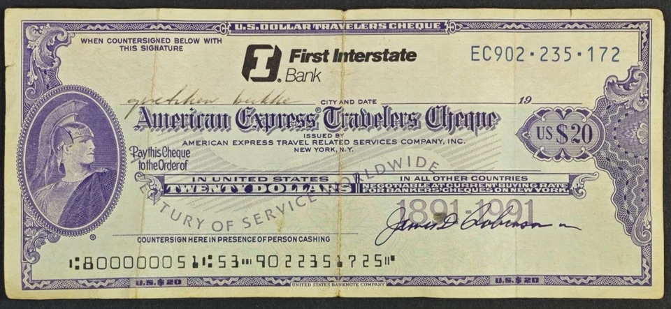 20 Dollars AMERICAN EXPRESS Travelers Cheque anniversary 1891-1991  N726 - Image 1 of 2